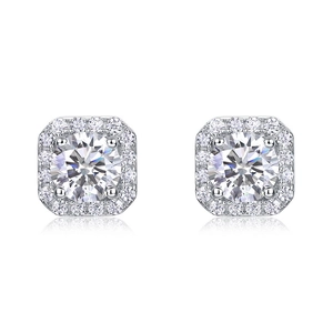 Elegant S925 silver geometric halo stud earrings with round lab diamond and micro pave setting