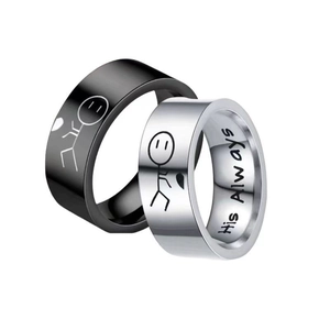 Matching pair of couple rings in black and silver steel with His Always engraving