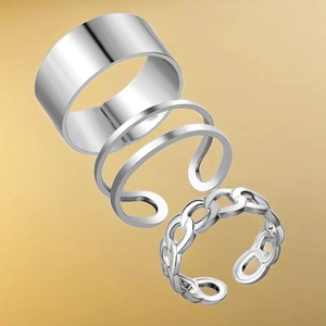 Three-piece stackable silver stainless steel rings including smooth and chain designs
