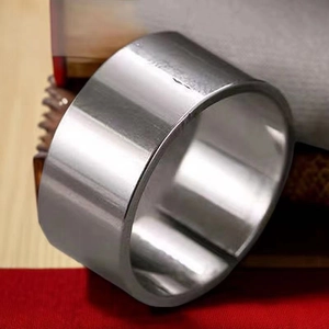 Detailed view of a polished silver stainless steel wide band ring with a mirror finish