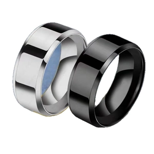 Minimalist wide band stainless steel rings in silver and black with mirror polished finish