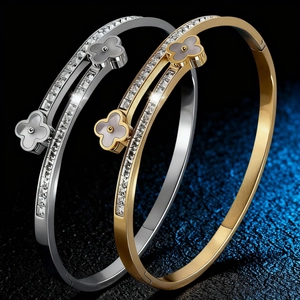 Stainless Steel Double Four Leaf Clover Bangle Rhinestone Inlaid Open Cuff Bracelet Fashion Jewelry For Women Gift