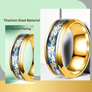 Bague en acier inoxydable de 8 mm plaquée or avec motif de dragon chinois bleu