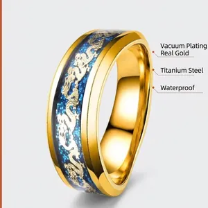 Bague en acier inoxydable doré de 8 mm avec incrustation de dragon bleu pour homme