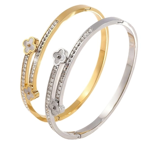 Gold and silver stainless steel clover bracelets with sparkling zircon inlay for women