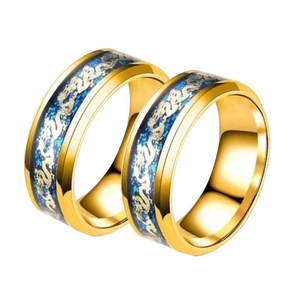 Bagues de couple en acier inoxydable 8mm avec fond bleu et motif dragon argent