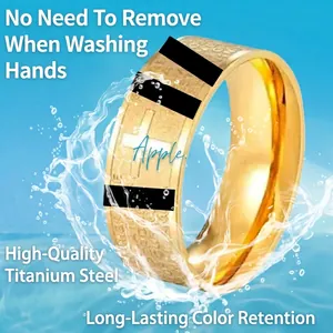 Religious style gold titanium steel ring with engraved cross and scriptures in water splash