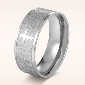 Polished silver stainless steel band ring with engraved cross and classic lettering