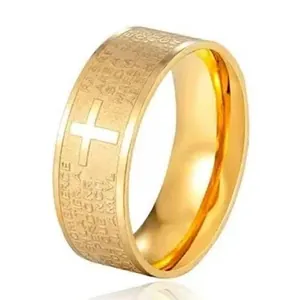 Gold stainless steel wide ring featuring white hollow cross and engraved prayer script