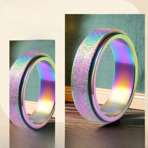 Rainbow titanium steel spinner rings with matte and polished finishes in dual perspective