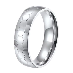 Mens titanium steel ring with unique basketball honeycomb geometric texture on silver metal band