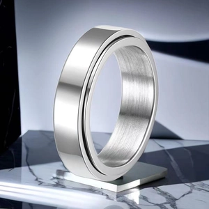Detail of silver stainless steel spinner ring showing brushed metal texture and industrial design