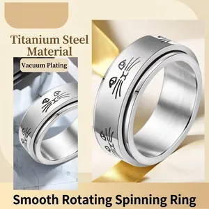 Bague rotative en acier inoxydable argenté avec motif chat pour soulager le stress