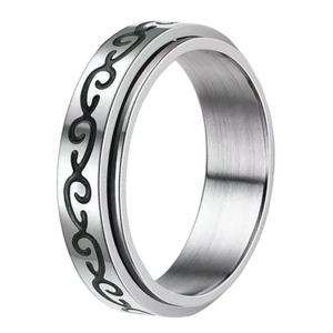 Spinner stainless steel ring with black etched scroll patterns and a rotating band