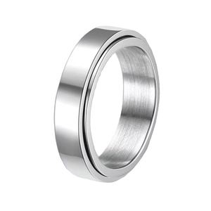 Polished silver spinner ring for men made of durable stainless steel on white background