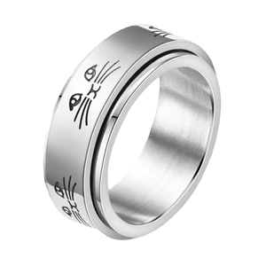 Bague chat rotative en acier inoxydable argenté avec gravure minimaliste de visage de chat