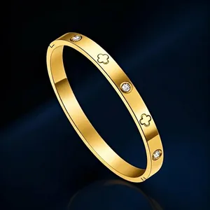Luxus Edelstahl Kleeblatt Strass Armreif Für Damen Nicht Verblassen Gold Silber Roségold Mode Schmuck Armband Geschenk