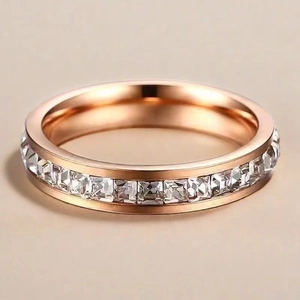 Detailed close-up of rose gold titanium ring with a full row of square-cut zircons