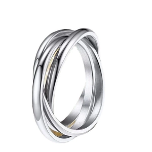 Polished stainless steel interlocking triple band ring with silver and gold finishes