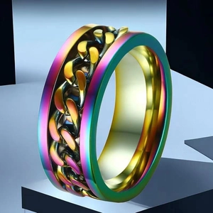 Rainbow spinner ring with rotating chain inlay and polished golden inner band