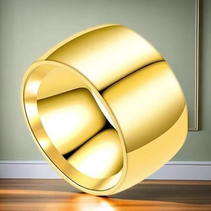 Close-up of a wide polished gold titanium steel ring resting on a wood surface