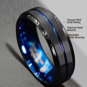 Men's titanium steel ring with black brushed surface and blue inner band, waterproof jewelry