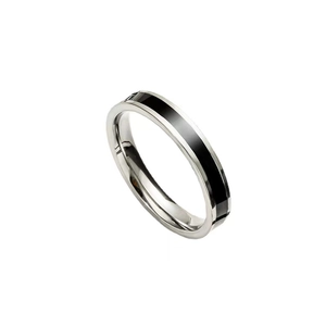 Minimalist silver stainless steel ring featuring a sleek black enamel inlay design