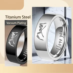 Titanium steel minimalist couple rings with I Love You engraving in black and silver finish
