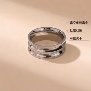 Men's titanium steel ring with triple-band groove design in polished silver finish