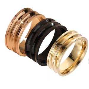 Polished titanium steel triple-layer ring set in rose gold, gold, and black finish