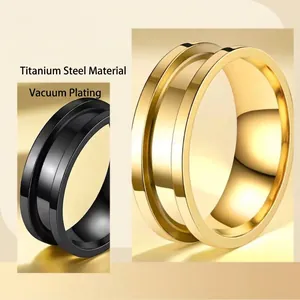 Men's titanium steel rings in gold and black with double-layer grooved design and vacuum plating