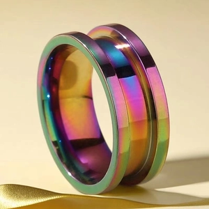 Macro detail of men's titanium ring with iridescent rainbow plating and grooved design