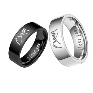 Matching titanium steel couple rings with I Love You engraving and promise gesture