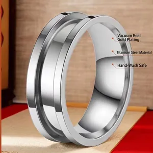 Polished silver titanium steel wide band ring with central groove for men