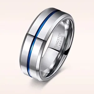 Polished silver tungsten carbide ring for men with a striking blue center groove inlay
