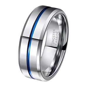 Men's silver tungsten carbide ring with blue center groove and beveled edges