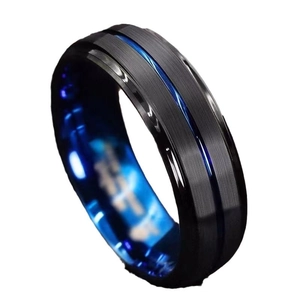 Men's titanium steel ring with black brushed finish and blue grooved center design