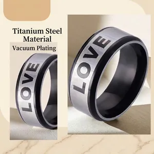Minimalist silver titanium steel ring for men featuring LOVE engraving and black edges