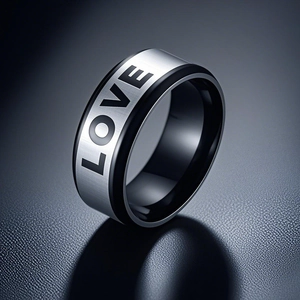 Men's Titanium Steel LOVE Lettering Ring Minimalist Silver Black Two-Tone Wide Band Ring Western Fashion Jewelry Gift