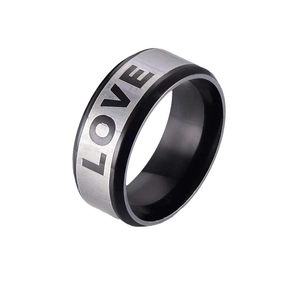 Minimalist wide stainless steel ring with silver brushed finish and LOVE engraving