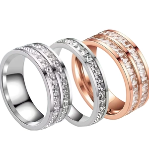 Titanium steel double row diamond rings in silver and rose gold polished finish