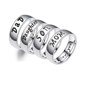 Polished titanium steel family ring set with Dad Mom Son Daughter black engravings