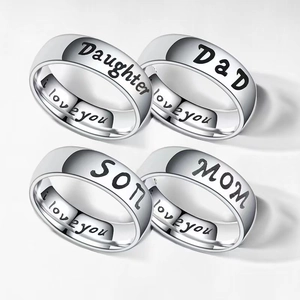 Polished stainless steel family rings engraved with Daughter, Dad, Son, Mom and I love you