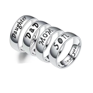 Family stainless steel rings set with Daughter, Dad, Mom, Son and I Love You engraving