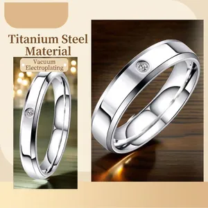 Titanium steel couple rings set with cubic zirconia stone and polished silver finish