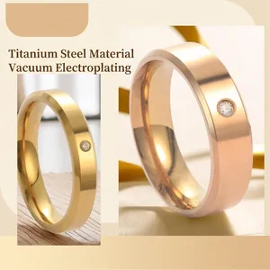 Minimalist titanium steel rings with vacuum plating and zircon stone in gold and rose gold