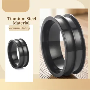 Matte black titanium steel wide band ring with dual grooves and vacuum plating finish
