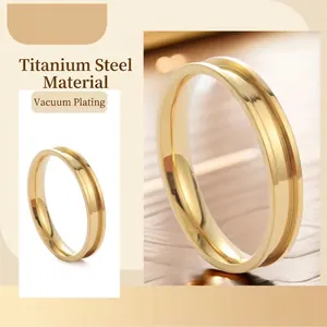Gold vacuum-plated titanium steel ring with minimalist side groove design for women