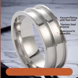 Brushed titanium steel ring with double grooves and waterproof vacuum gold plating finish