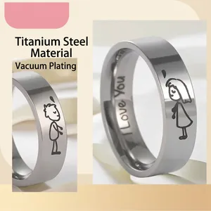 Polished titanium steel couple rings with I Love You engraving and cartoon figures